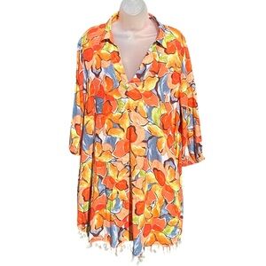 C&C CALIFORNIA Womens Size XL Orange Floral‎ Linen Blend Pockets Coverup Dress